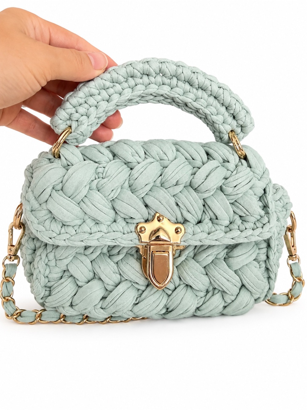 Handwoven Mint Crochet Top-Handle Bag with Gold Hardware
